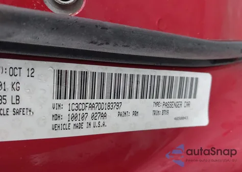 2013 Dodge Dart Se z USA, uszkodzony, nr VIN 1C3CDFAA7DD183797